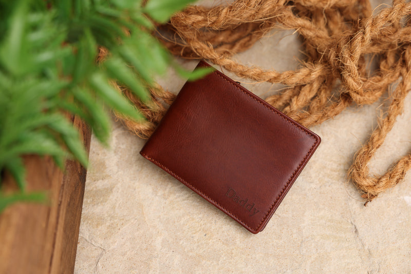 Personalised Engraved Bifold Cognac Leather Wallet With Zip Coin Pocket