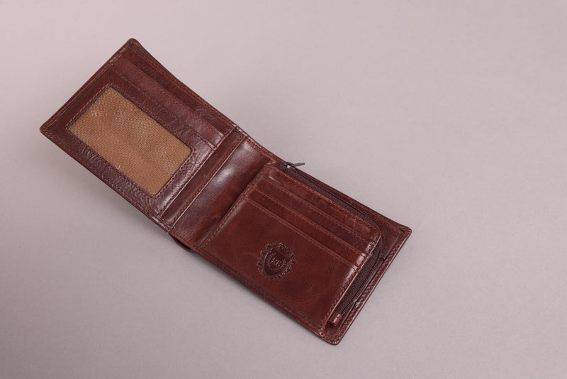 Personalised Engraved Bifold Dark Brown Leather Wallet With Zip Coin Pocket