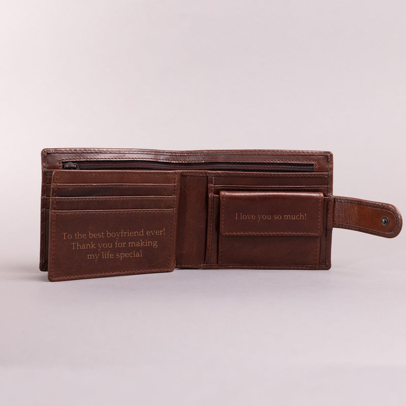 Personalised Engraved Dark Brown Bifold Leather Wallet With Coin Pocket