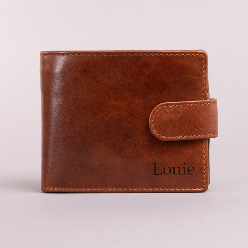 Personalised Engraved Cognac Bifold Leather Wallet With Coin Pocket