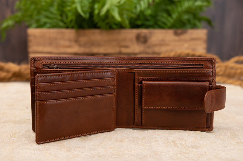 Personalised Engraved Cognac Bifold Leather Wallet With Coin Pocket