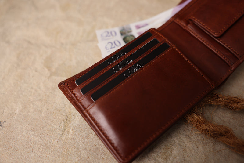 Personalised Engraved Cognac Bifold Leather Wallet With Coin Pocket
