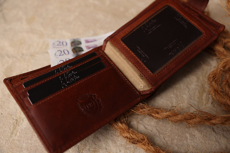 Personalised Engraved Cognac Bifold Leather Wallet With Coin Pocket