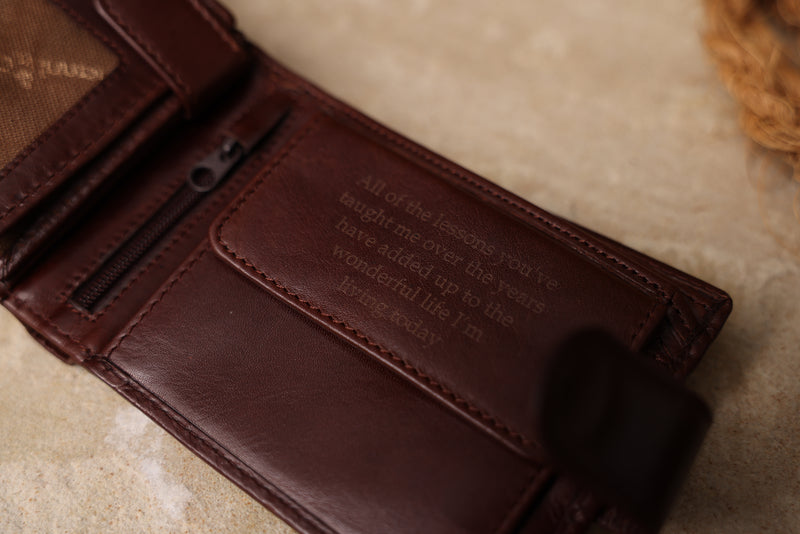 Personalised Engraved Dark Brown Bifold Leather Wallet With Coin Pocket & Credit Card Slots
