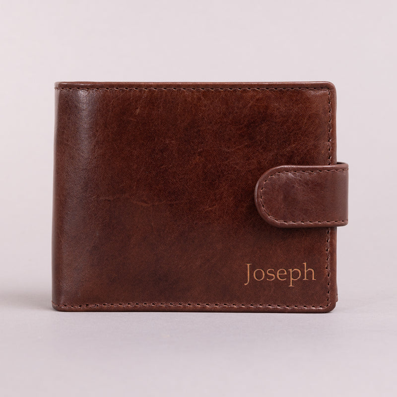 Personalised Engraved Dark Brown Bifold Leather Wallet With Coin Pocket & Credit Card Slots