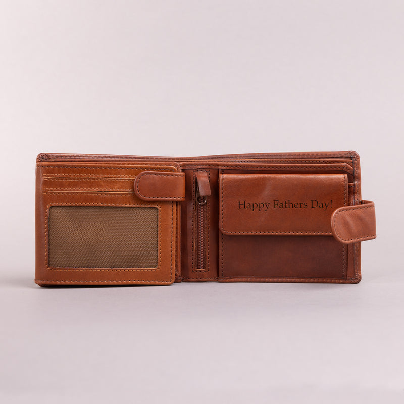 Personalised Engraved Cognac Bifold Leather Wallet With Coin Pocket & Credit Card Slots