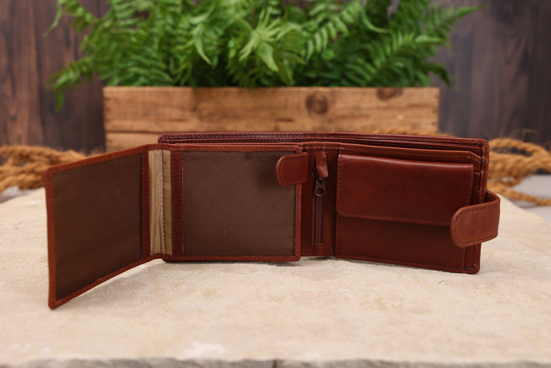 Personalised Engraved Cognac Bifold Leather Wallet With Coin Pocket & Credit Card Slots