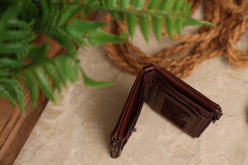 Personalised Engraved Dark Brown Bifold Double Zip Leather Wallet