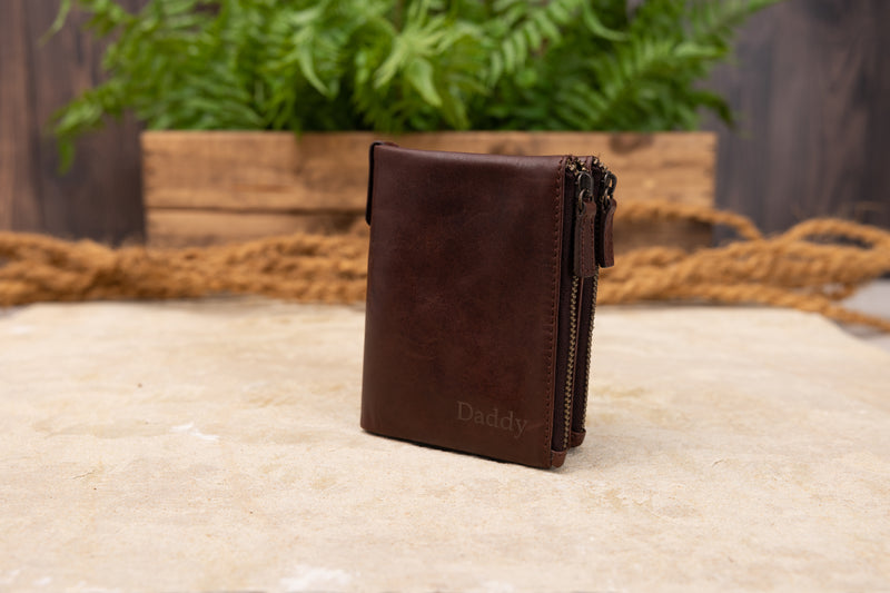 Personalised Engraved Dark Brown Bifold Double Zip Leather Wallet