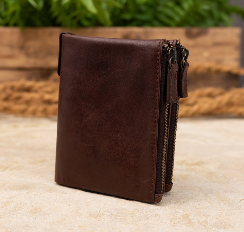 Personalised Engraved Dark Brown Bifold Double Zip Leather Wallet