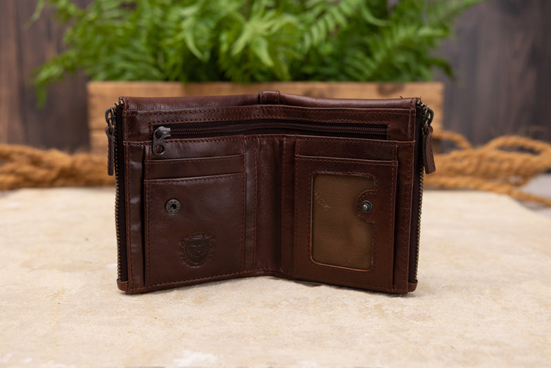Personalised Engraved Dark Brown Bifold Double Zip Leather Wallet