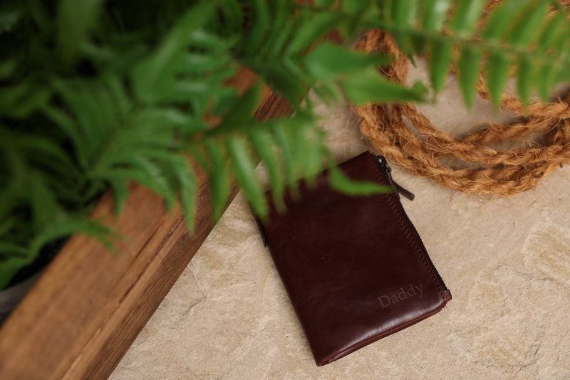 Personalised Engraved Dark Brown Bifold Double Zip Leather Wallet