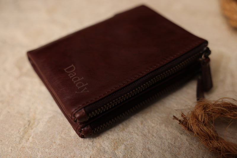 Personalised Engraved Dark Brown Bifold Double Zip Leather Wallet