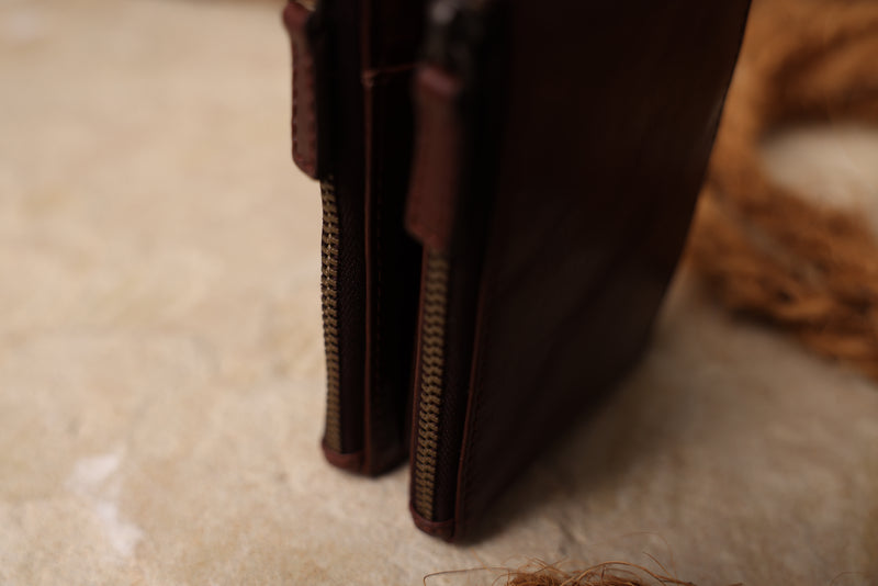 Personalised Engraved Dark Brown Bifold Double Zip Leather Wallet