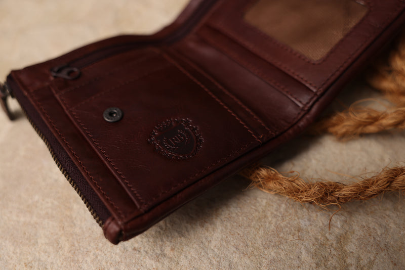 Personalised Engraved Dark Brown Bifold Double Zip Leather Wallet