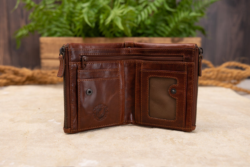 Personalised Engraved Cognac Bifold Double Zip Leather Wallet