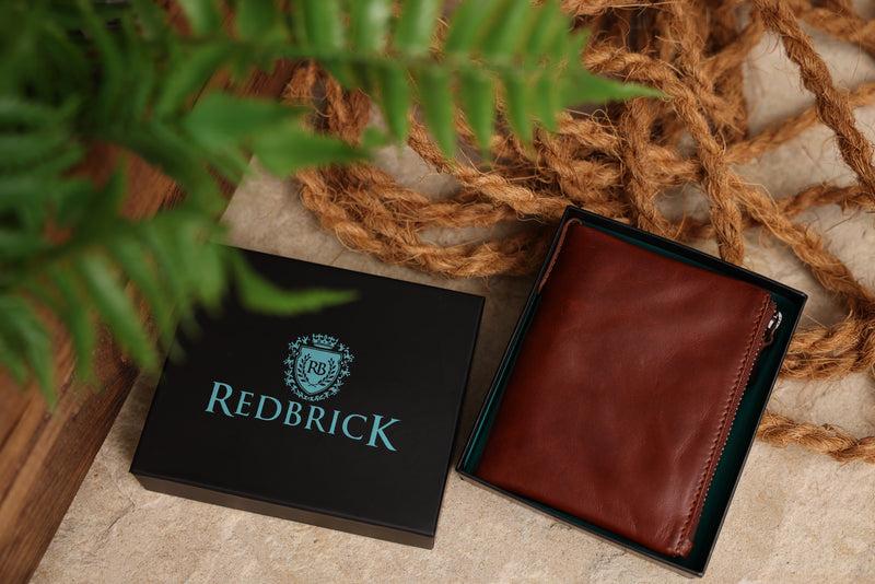 Personalised Engraved Cognac Bifold Double Zip Leather Wallet