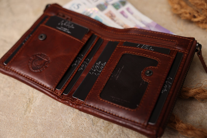 Personalised Engraved Cognac Bifold Double Zip Leather Wallet
