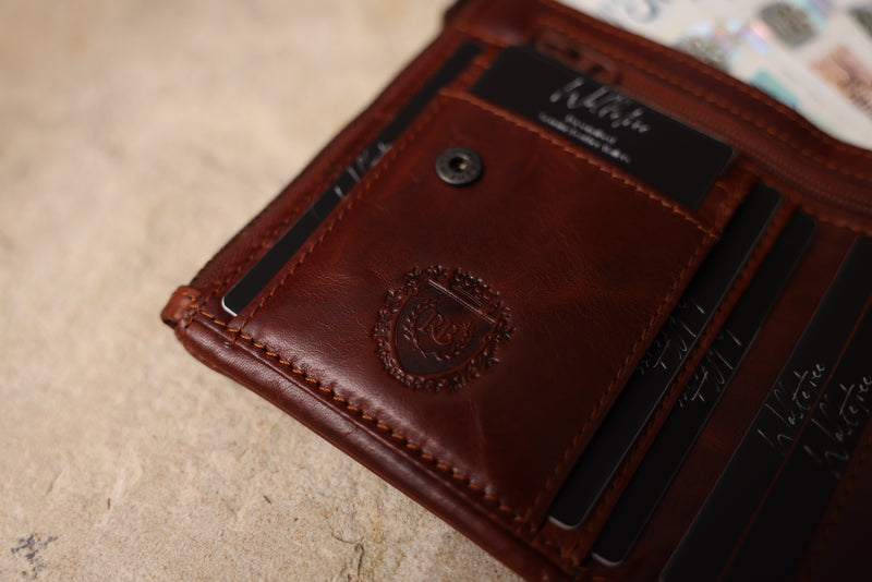 Personalised Engraved Cognac Bifold Double Zip Leather Wallet