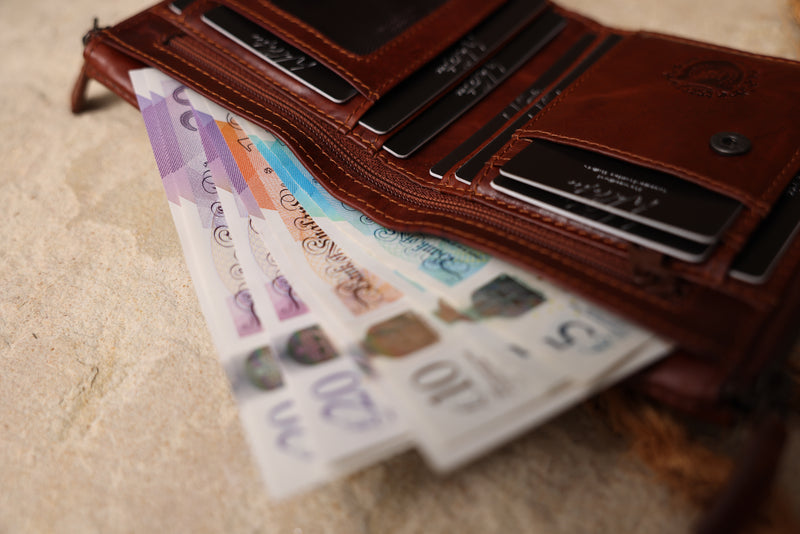 Personalised Engraved Cognac Bifold Double Zip Leather Wallet