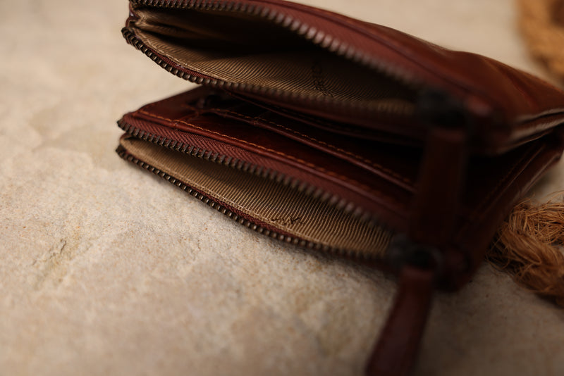 Personalised Engraved Cognac Bifold Double Zip Leather Wallet