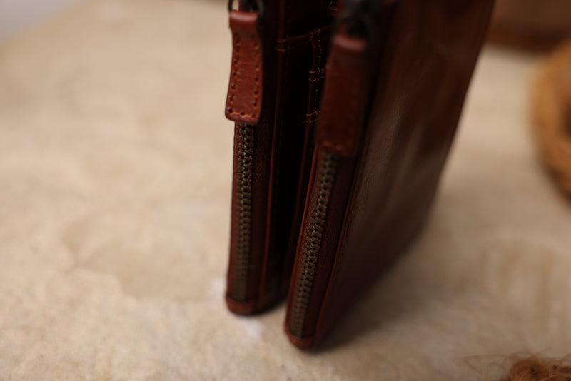 Personalised Engraved Cognac Bifold Double Zip Leather Wallet