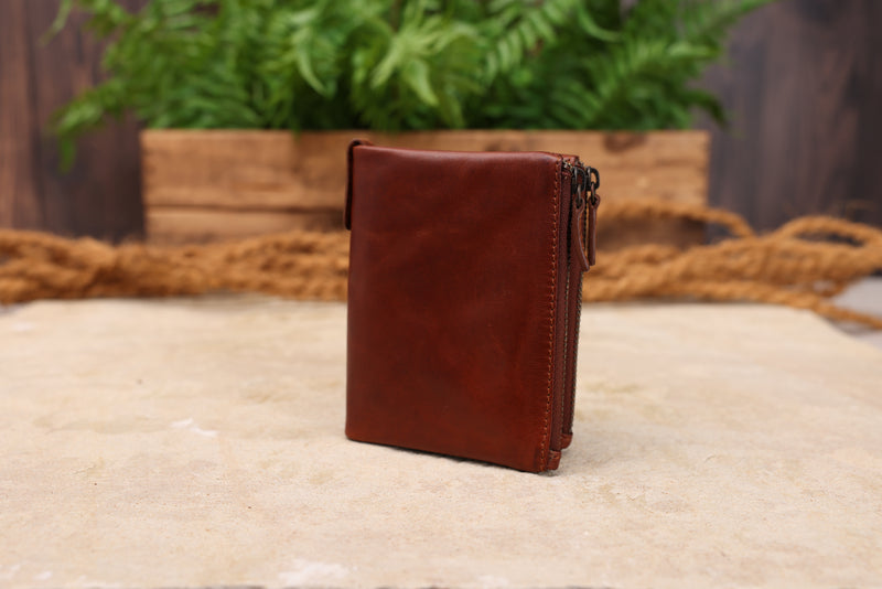 Personalised Engraved Cognac Bifold Double Zip Leather Wallet