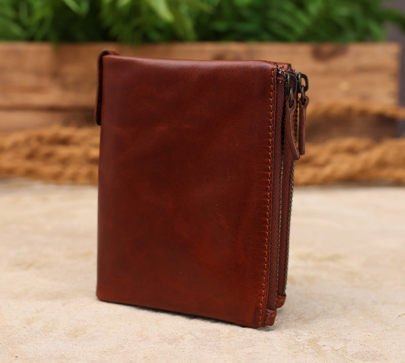 Personalised Engraved Cognac Bifold Double Zip Leather Wallet