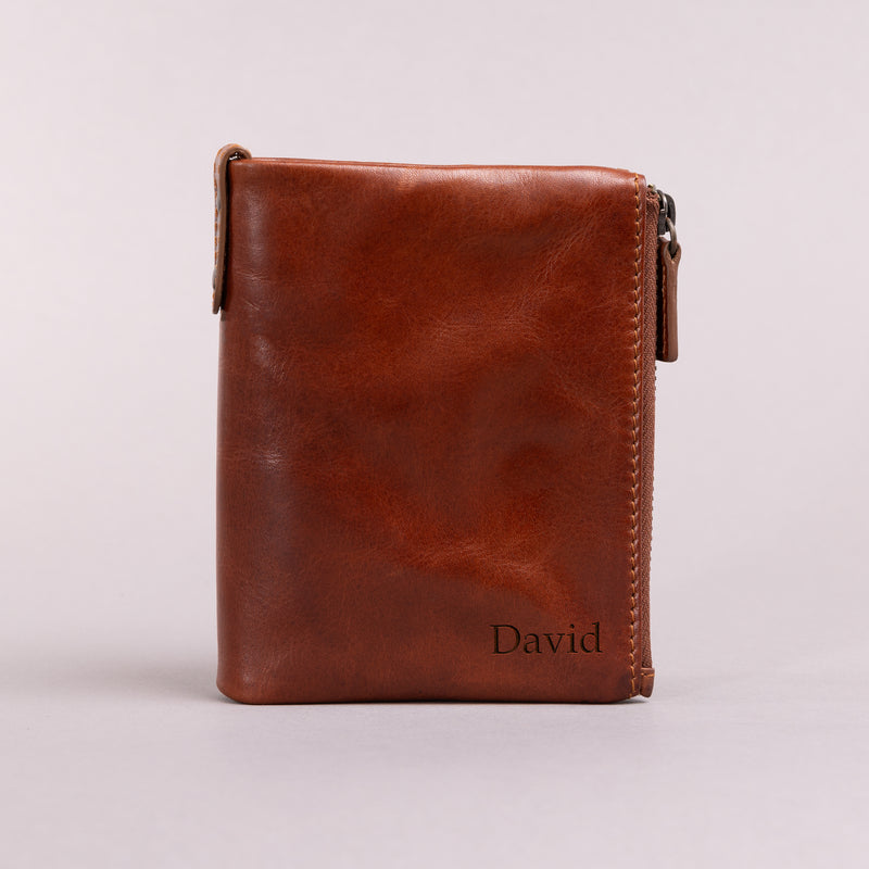 Personalised Engraved Cognac Bifold Double Zip Leather Wallet