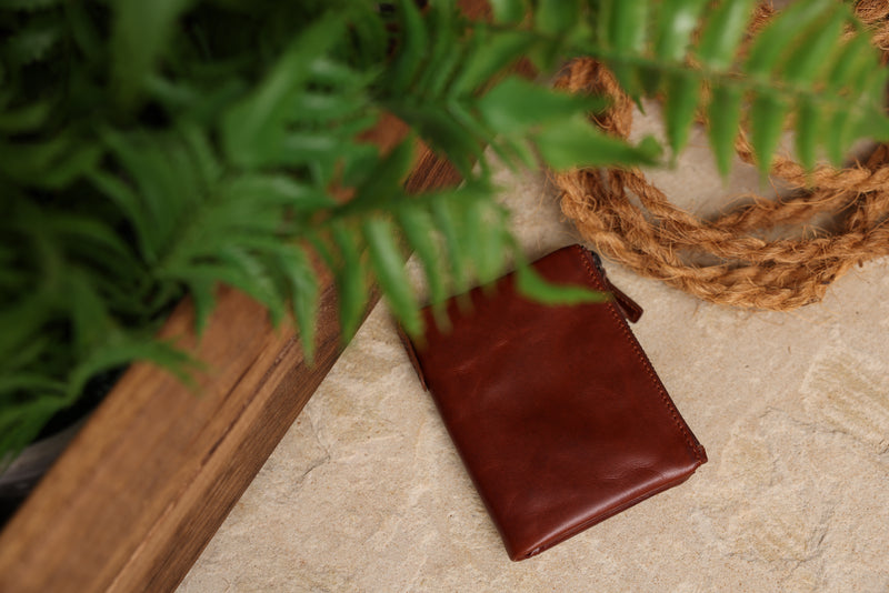 Personalised Engraved Cognac Bifold Double Zip Leather Wallet