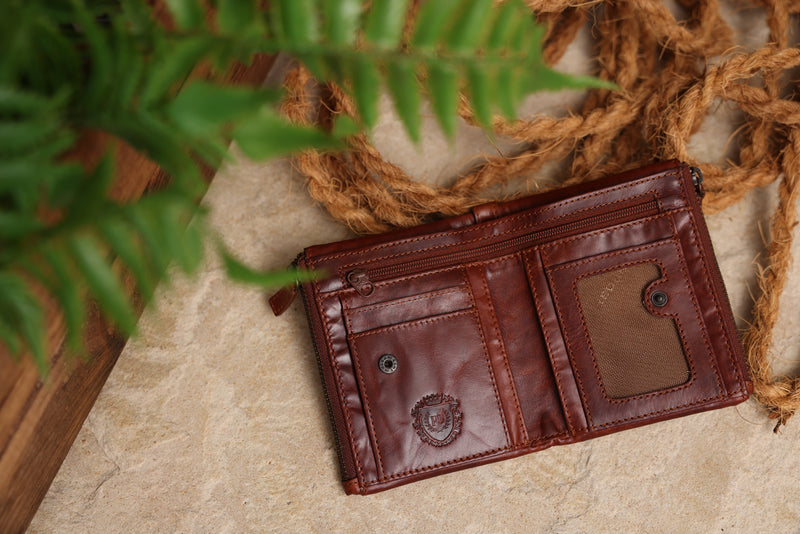 Personalised Engraved Cognac Bifold Double Zip Leather Wallet