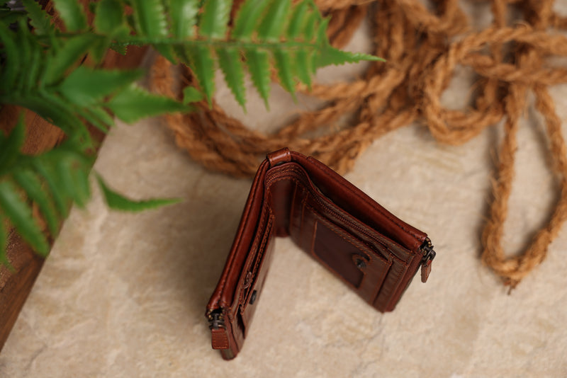 Personalised Engraved Cognac Bifold Double Zip Leather Wallet