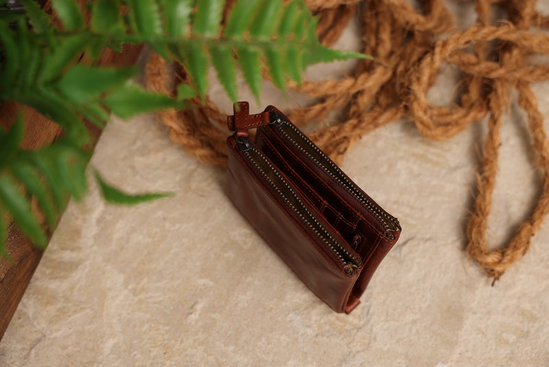 Personalised Engraved Cognac Bifold Double Zip Leather Wallet