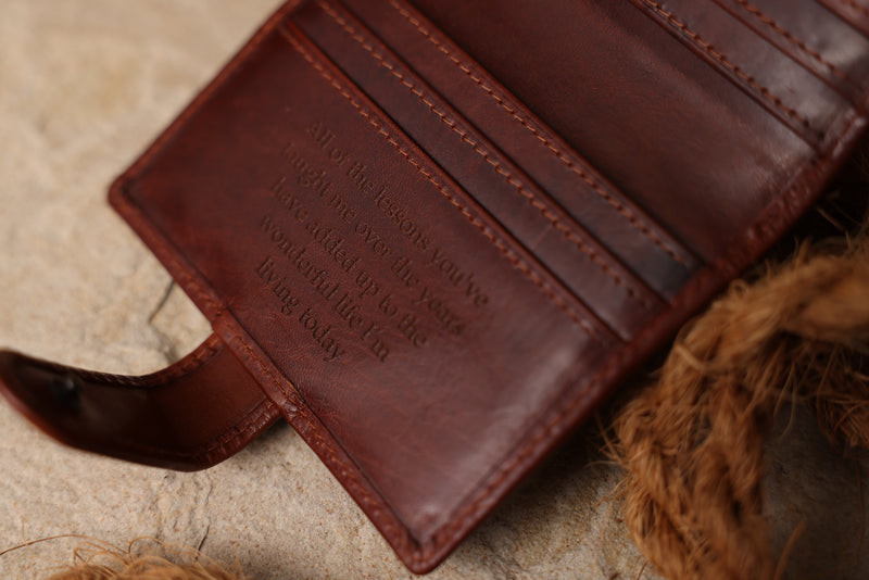 Personalised Engraved Cognac Bifold Leather Card Holder Wallet