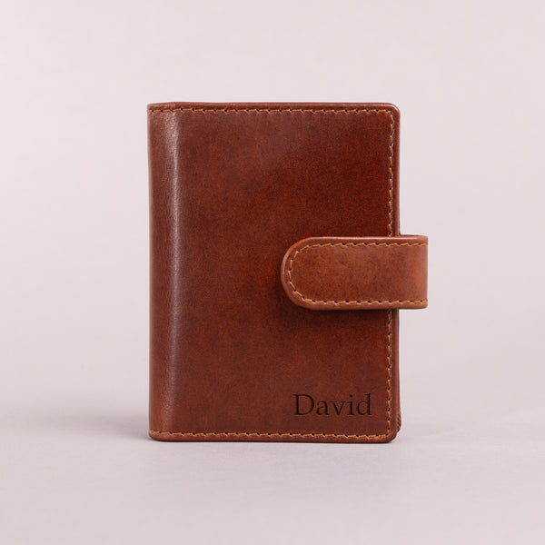 Personalised Engraved Cognac Bifold Leather Card Holder Wallet