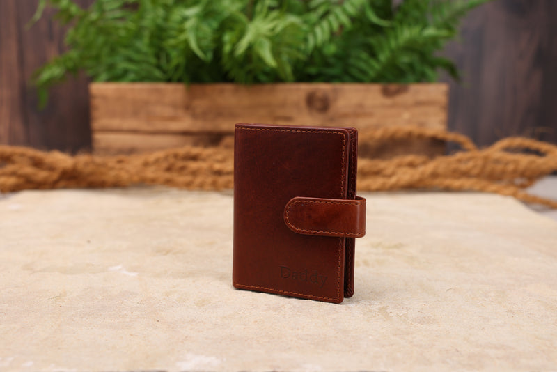 Personalised Engraved Cognac Bifold Leather Card Holder Wallet