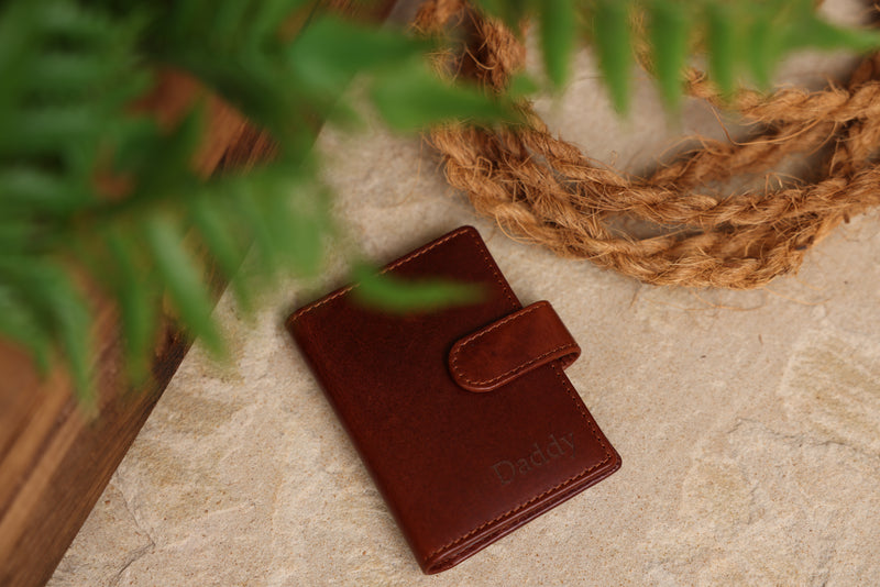 Personalised Engraved Cognac Bifold Leather Card Holder Wallet