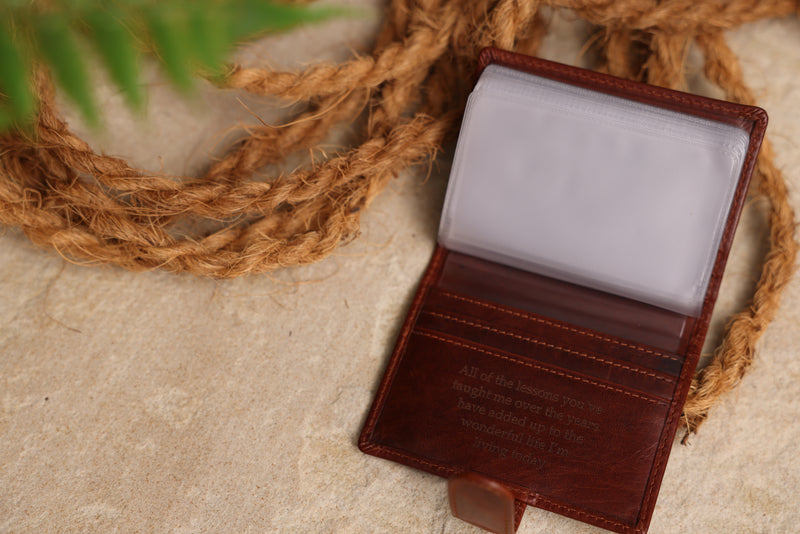 Personalised Engraved Cognac Bifold Leather Card Holder Wallet
