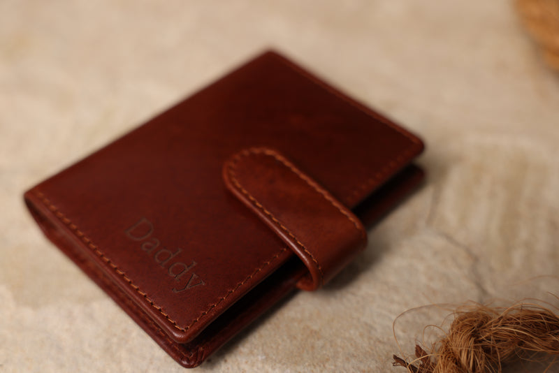 Personalised Engraved Cognac Bifold Leather Card Holder Wallet
