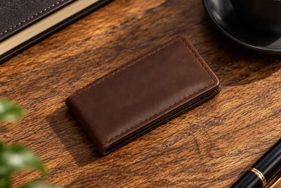 Plain dark brown full-grain leather money clip wallet with stitched edges