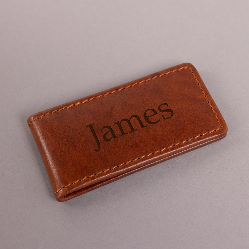 Personalised Engraved Cognac Leather Money Clip