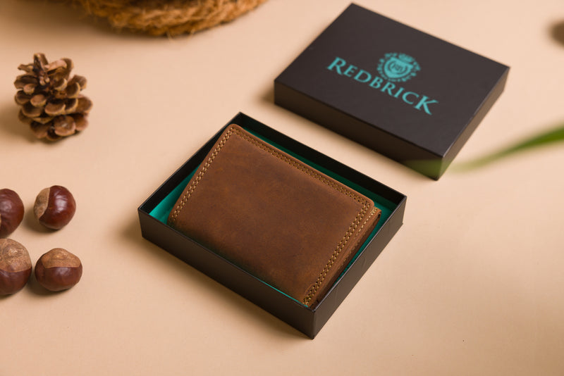 Personalised Engraved Trifold Cognac Hunter Leather Wallet