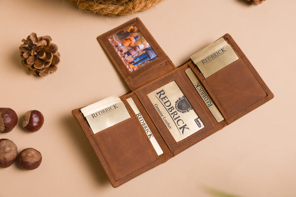 Personalised Engraved Trifold Cognac Hunter Leather Wallet