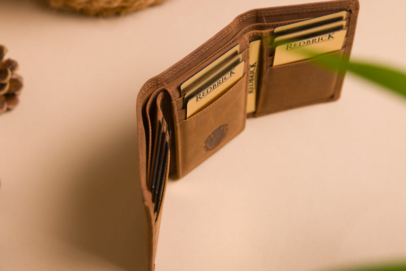 Personalised Engraved Trifold Cognac Hunter Leather Wallet