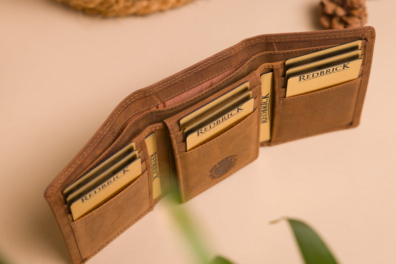 Personalised Engraved Trifold Cognac Hunter Leather Wallet