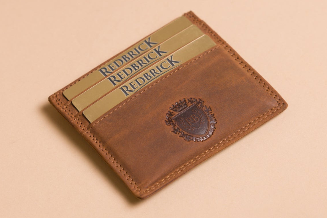 Personalised Cognac Leather Card Holder – Slim Hunter Wallet with RFID