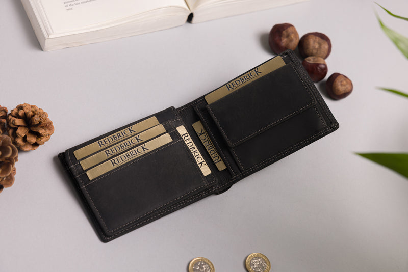 Personalised Engraved Bifold Black Hunter Leather Wallet With Coin Pocket