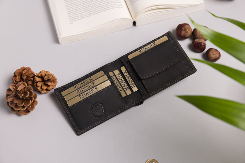 "Engraved black wallet with note and card slots"


