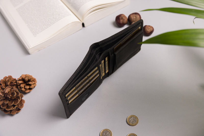 "Engraved black wallet with note and card slots"