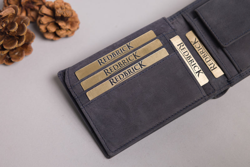 Personalised Engraved Bifold Navy Flower Bifold Hunter Leather Wallet